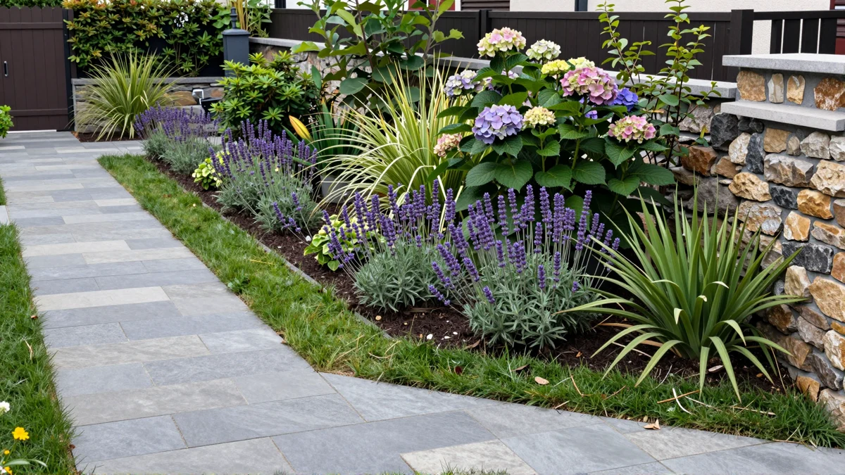 Neu verlegter Gartenweg aus Naturstein mit Kieskante, Lavendel, Straeuchern und Ziergraesern