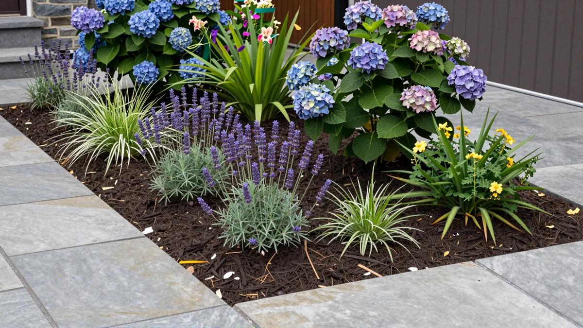 Frisch bepflanztes Gartenbeet neben einer Terrasse mit Lavendel, Hortensien, Straeuchern und Ziergraesern