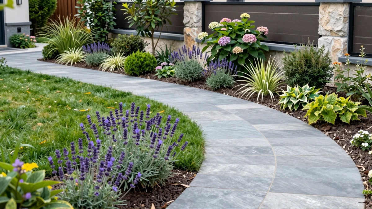 Frisch bepflanztes Gartenbeet neben einer Terrasse mit Lavendel, Hortensien, Straeuchern und Ziergraesern