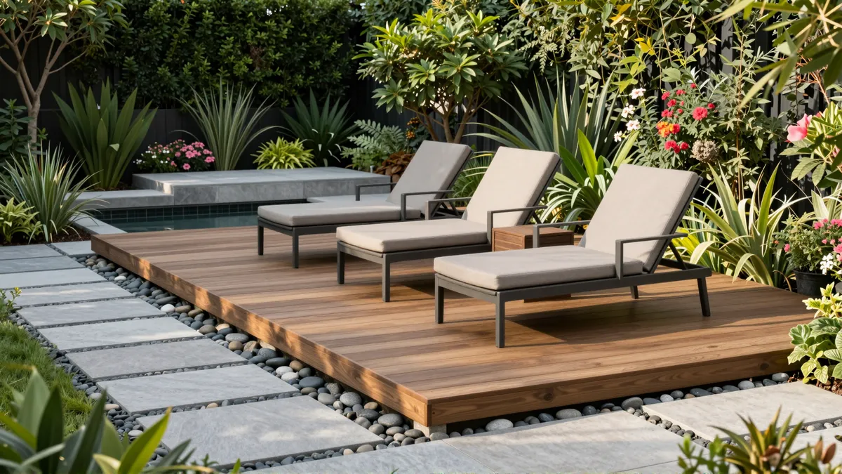 Ein gepflegter Garten mit Holzterrasse, Loungemöbeln und einem Wasserspiel umgeben von üppigen Pflanzen
