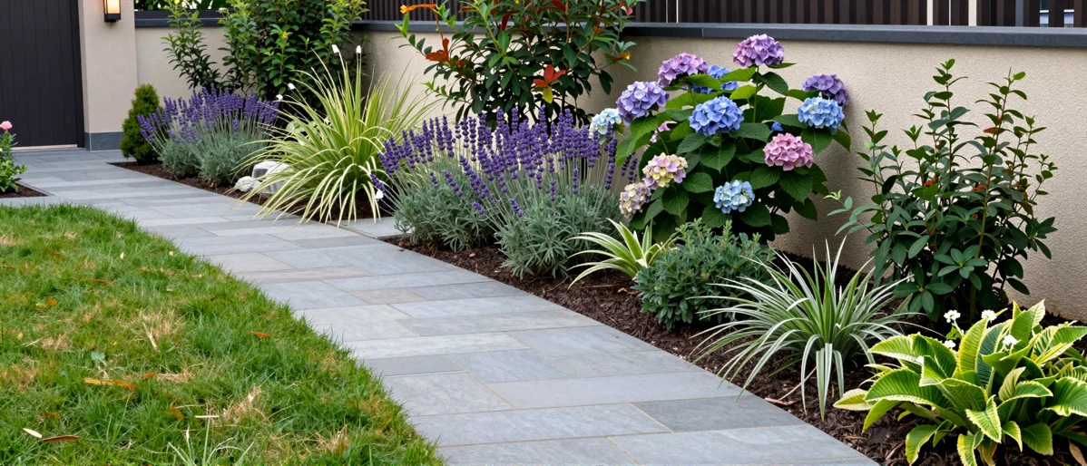 Neu verlegter Gartenweg aus Naturstein mit Kieskante, Lavendel, Straeuchern und Ziergraesern