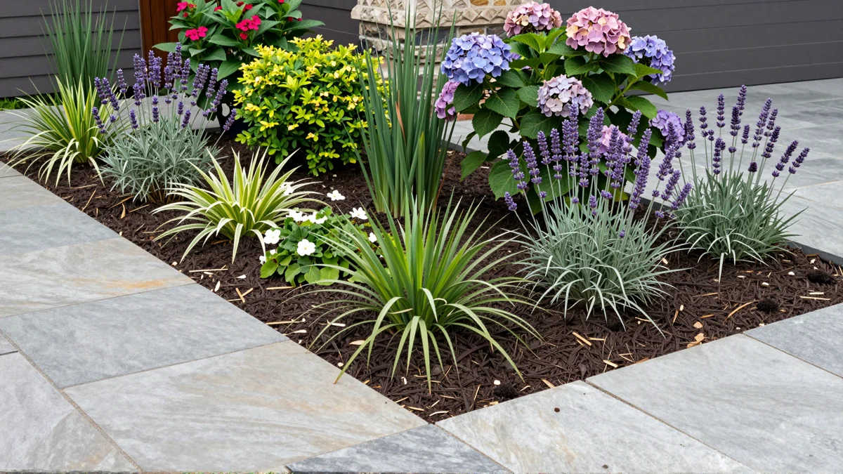 Frisch bepflanztes Gartenbeet neben einer Terrasse mit Lavendel, Hortensien, Straeuchern und Ziergraesern