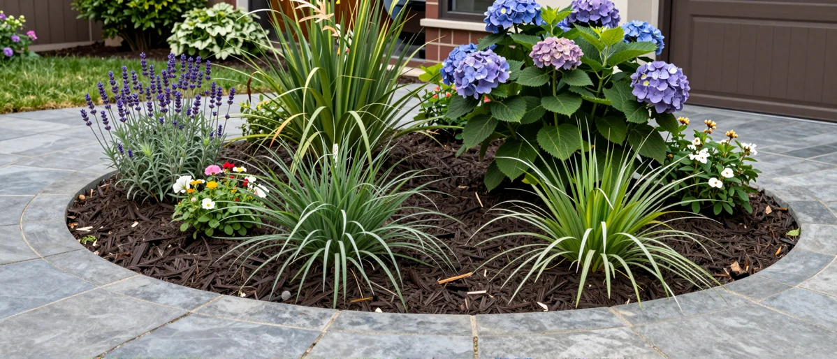 Frisch bepflanztes Gartenbeet neben einer Terrasse mit Lavendel, Hortensien, Straeuchern und Ziergraesern