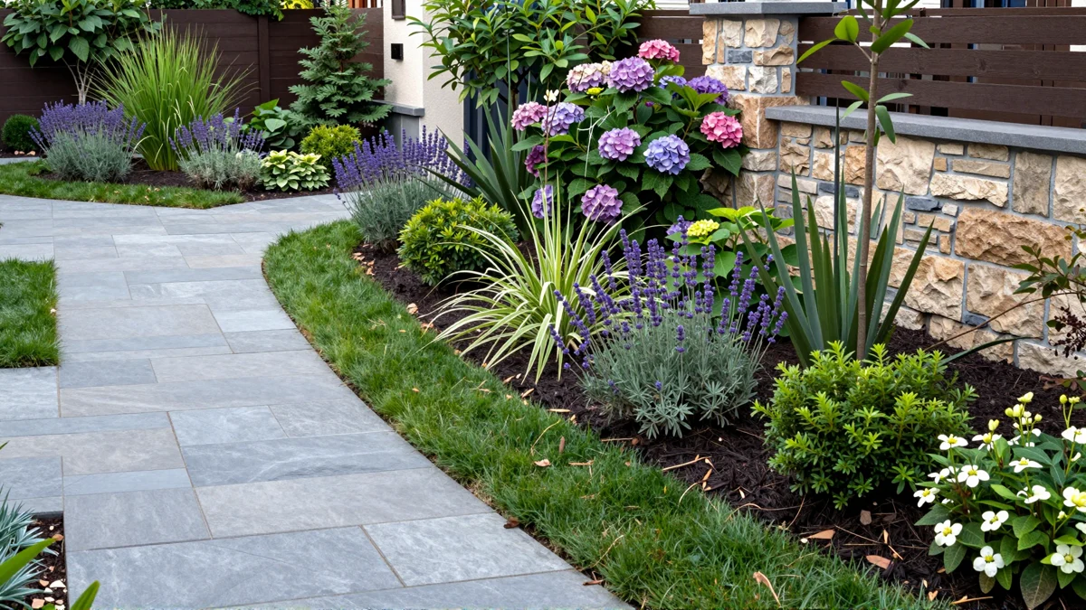 Frisch bepflanztes Gartenbeet neben einer Terrasse mit Lavendel, Hortensien, Straeuchern und Ziergraesern