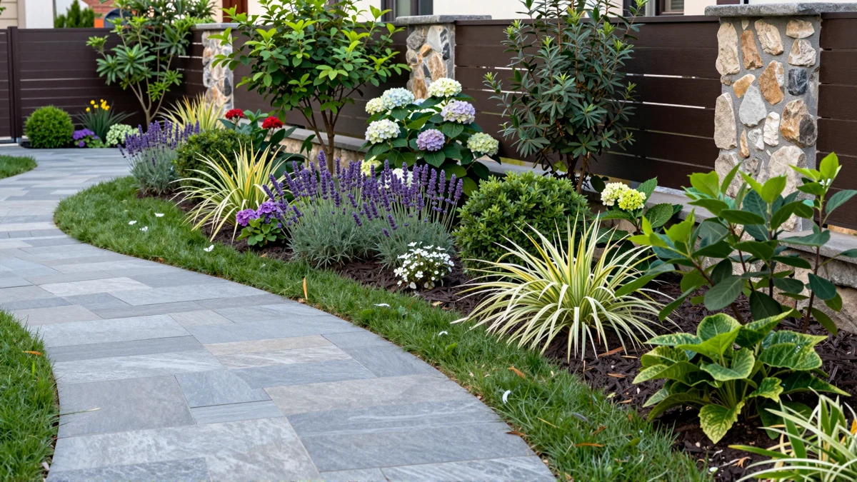 Neu verlegter Gartenweg aus Naturstein mit Kieskante, Lavendel, Straeuchern und Ziergraesern