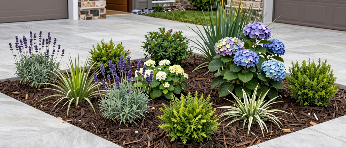 Frisch bepflanztes Gartenbeet neben einer Terrasse mit Lavendel, Hortensien, Straeuchern und Ziergraesern