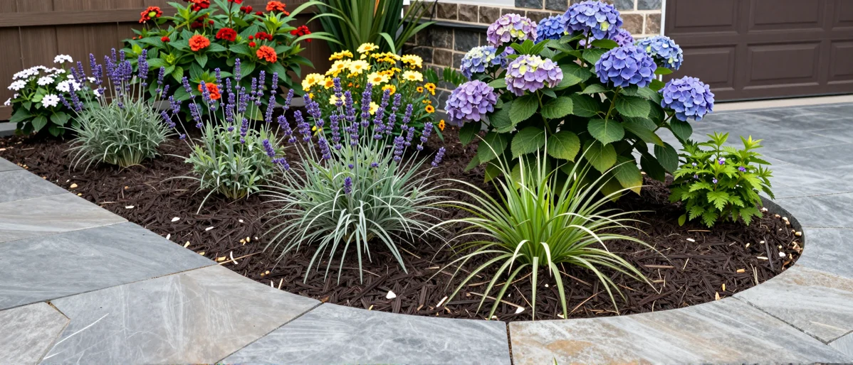 Frisch bepflanztes Gartenbeet neben einer Terrasse mit Lavendel, Hortensien, Straeuchern und Ziergraesern