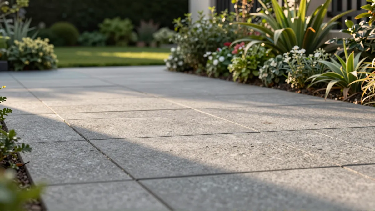 Frisch gepflasterte Steinplatten mit geometrischen Mustern, umgeben von grünen Büschen und Blumen