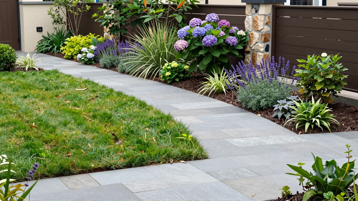 Frisch bepflanztes Gartenbeet neben einer Terrasse mit Lavendel, Hortensien, Straeuchern und Ziergraesern