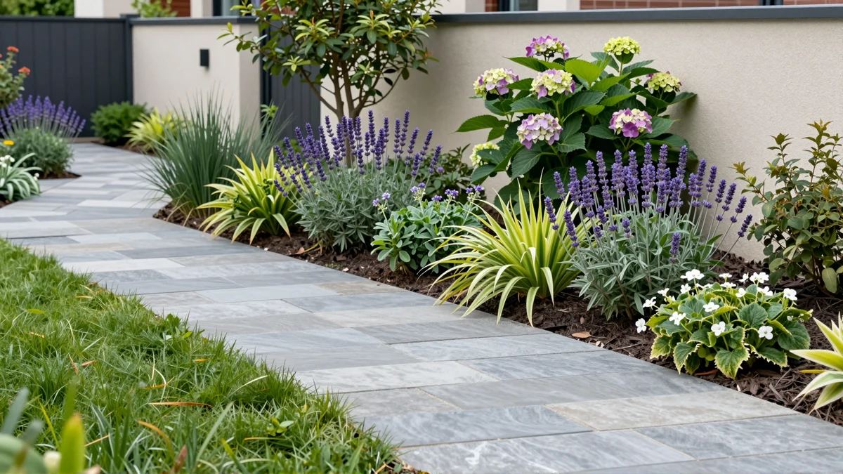 Frisch bepflanztes Gartenbeet neben einer Terrasse mit Lavendel, Hortensien, Straeuchern und Ziergraesern