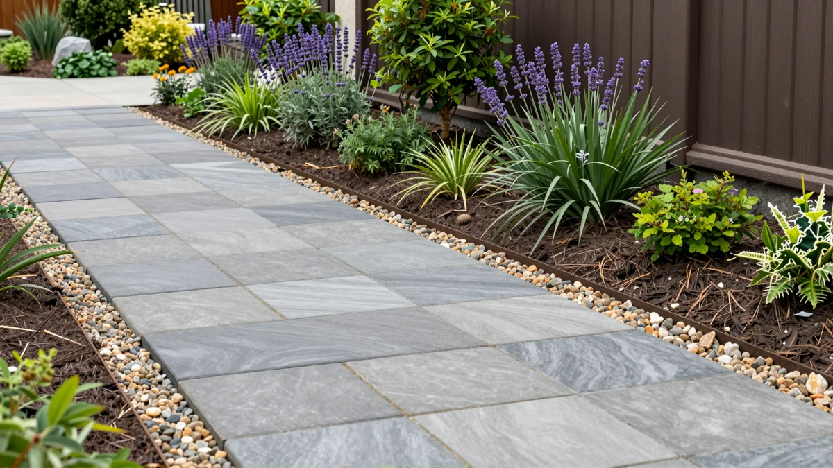 Frisch bepflanztes Gartenbeet neben einer Terrasse mit Lavendel, Hortensien, Straeuchern und Ziergraesern