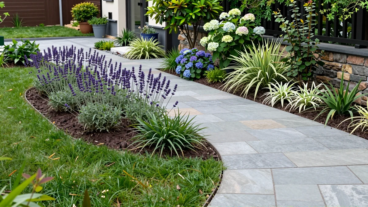 Neu verlegter Gartenweg aus Naturstein mit Kieskante, Lavendel, Straeuchern und Ziergraesern