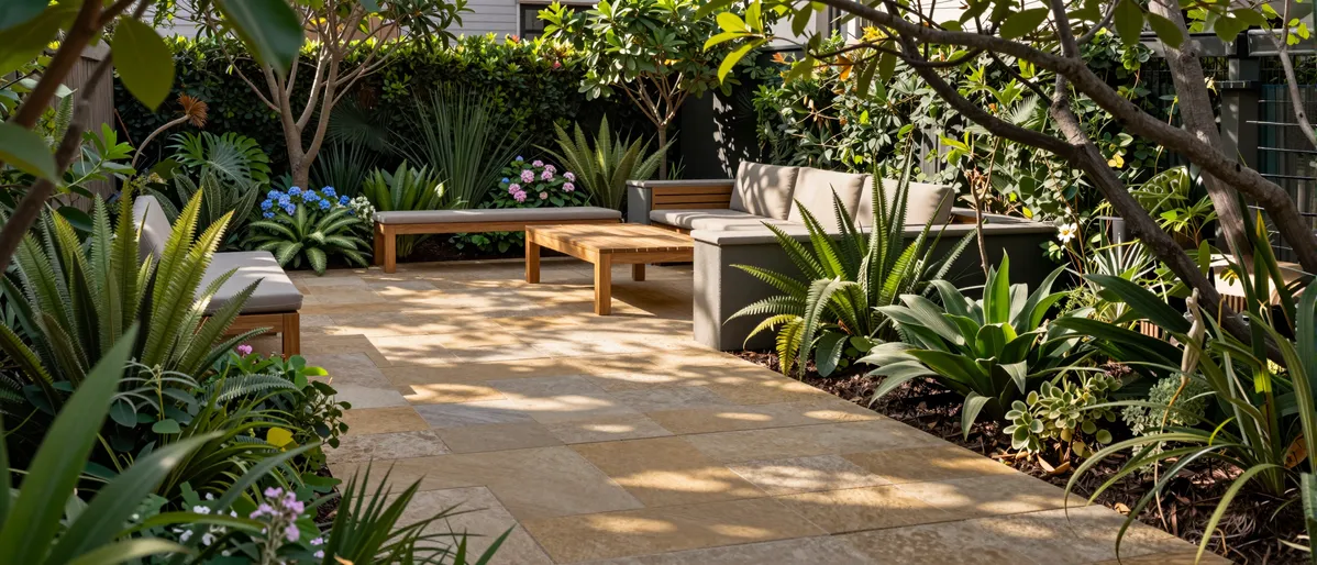Ein gepflegter Garten mit Sandstein-Terrasse und modernen Holzmöbeln, umgeben von üppigen Pflanzen
