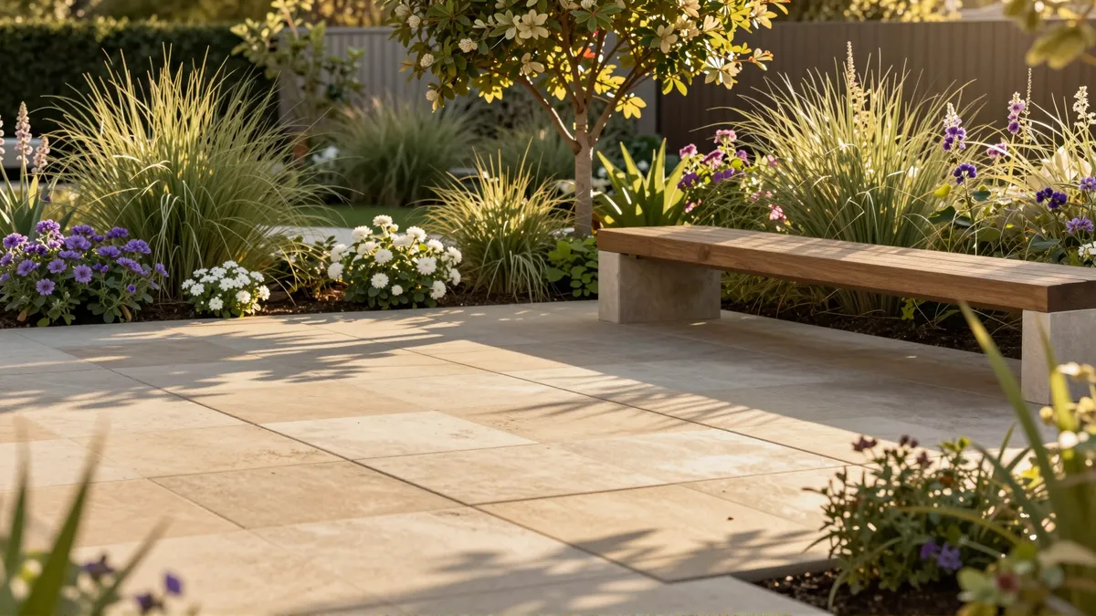 Moderne Gartenterrasse mit Sandsteinplatten, Ziergräsern und einer Holzbank im Schatten eines Baumes