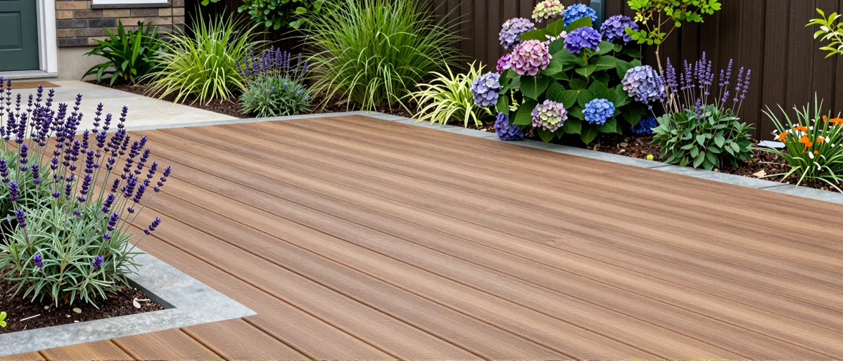 Neu angelegte Holzterrasse mit bepflanzten Rabatten, Ziergraesern und gepflegten Gartenwegen