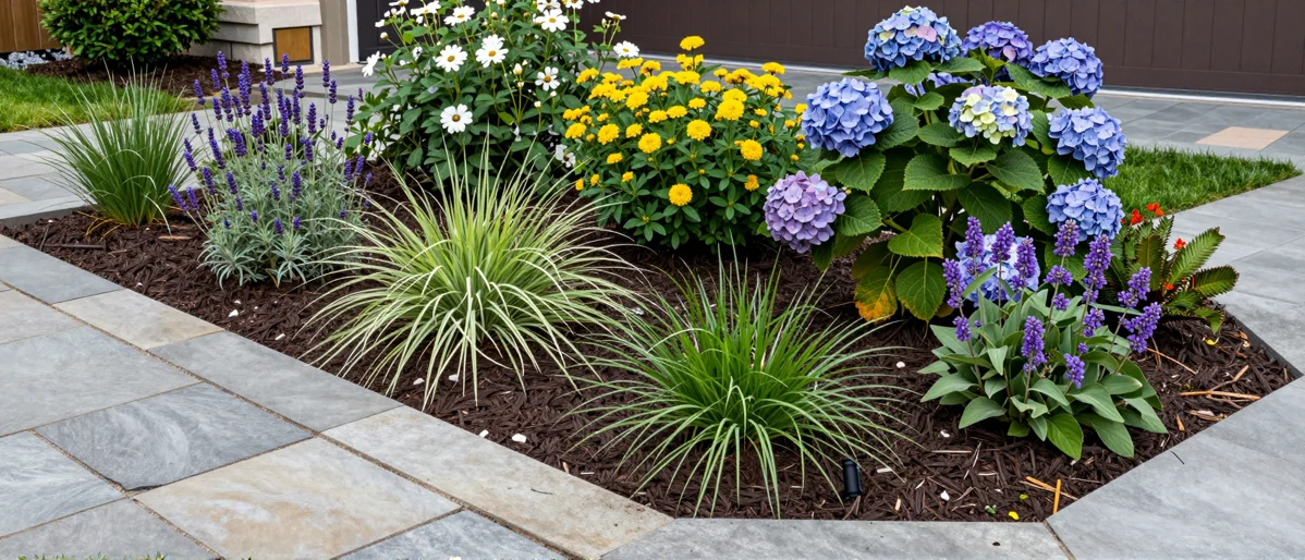 Frisch bepflanztes Gartenbeet neben einer Terrasse mit Lavendel, Hortensien, Straeuchern und Ziergraesern
