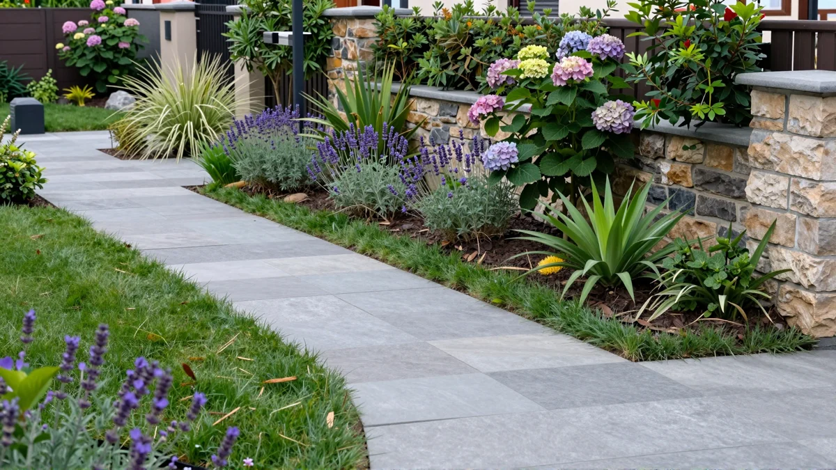 Frisch bepflanztes Gartenbeet neben einer Terrasse mit Lavendel, Hortensien, Straeuchern und Ziergraesern