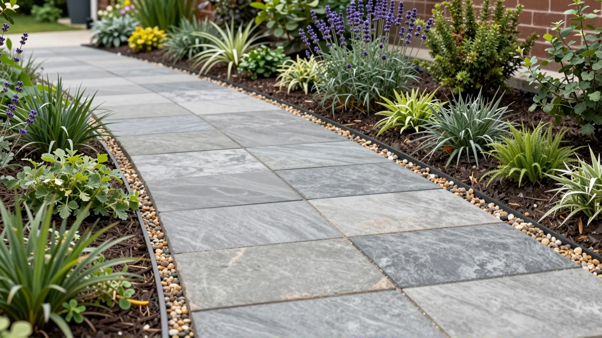 Frisch bepflanztes Gartenbeet neben einer Terrasse mit Lavendel, Hortensien, Straeuchern und Ziergraesern