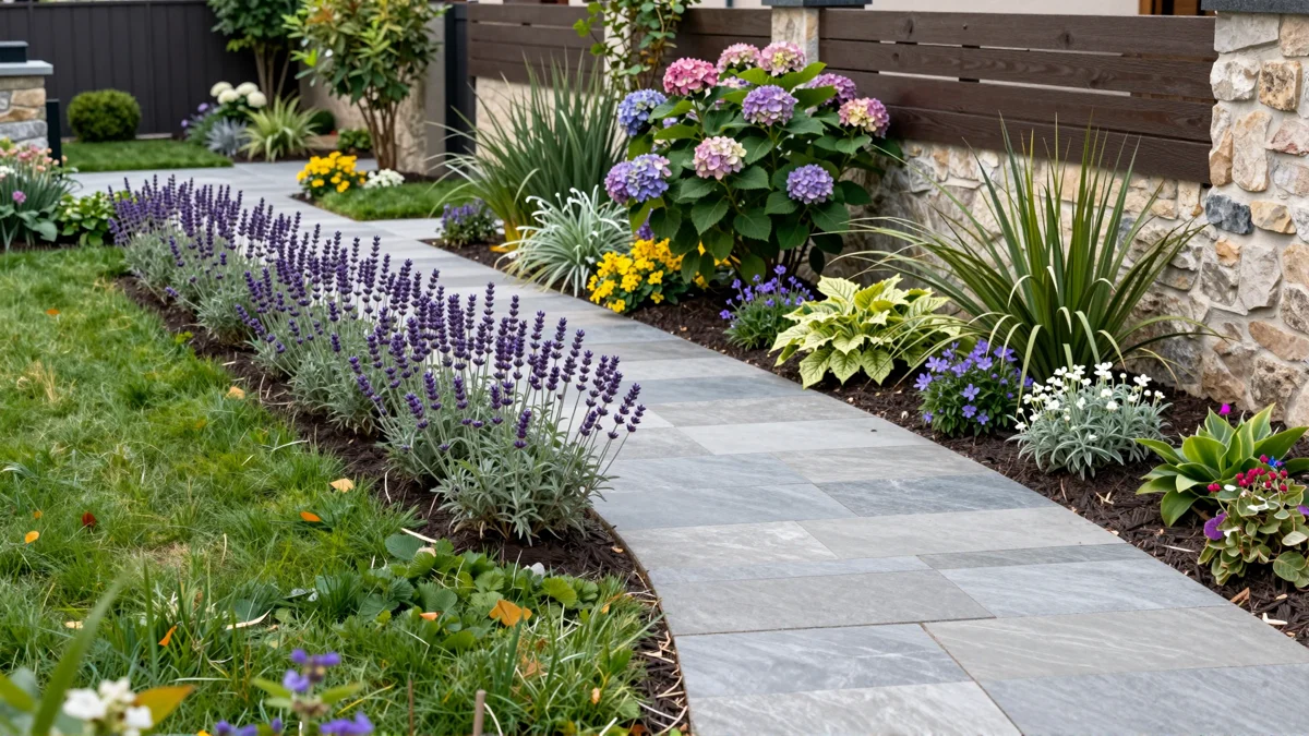 Neu verlegter Gartenweg aus Naturstein mit Kieskante, Lavendel, Straeuchern und Ziergraesern