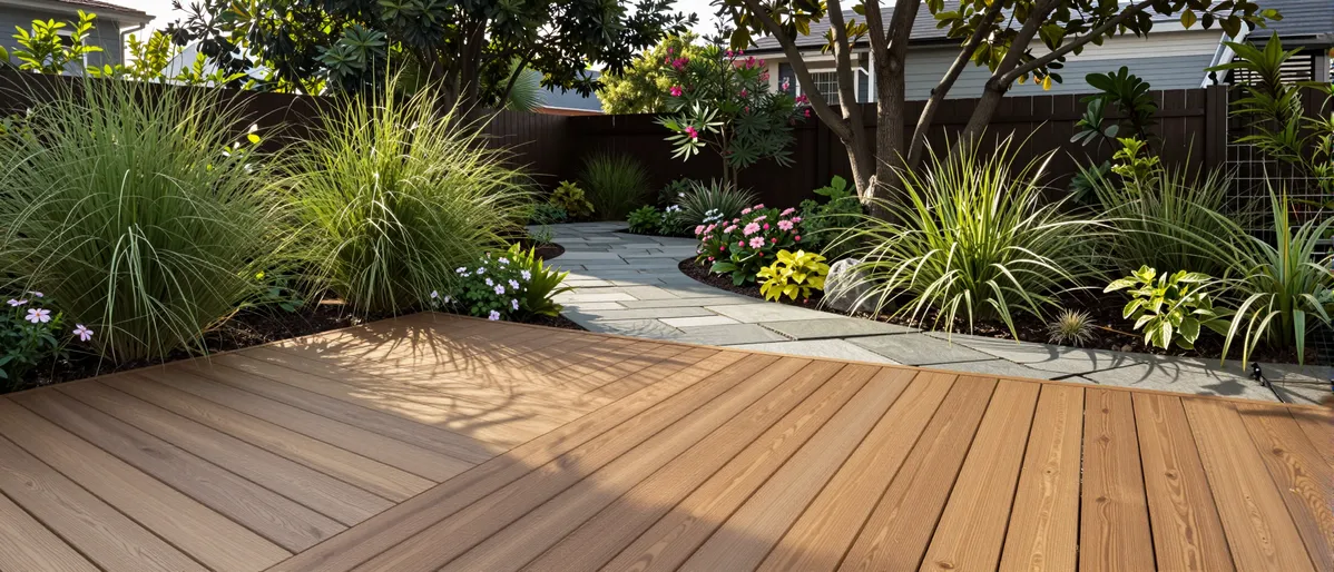 Ein neu gebauter Holzdeck-Terrasse in einem gepflegten Garten mit Ziergräsern und blühenden Sträuchern