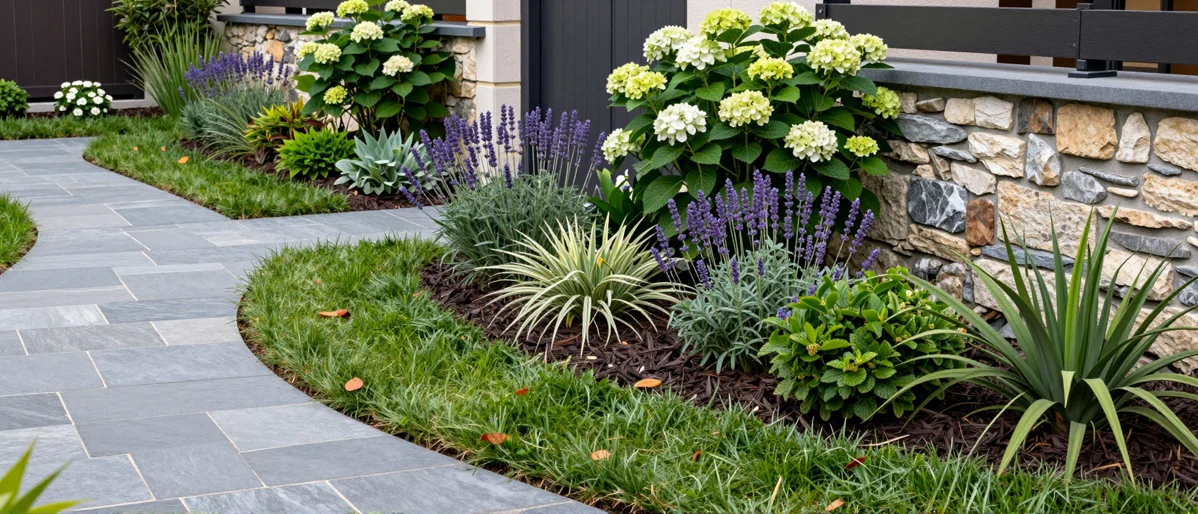 Frisch bepflanztes Gartenbeet neben einer Terrasse mit Lavendel, Hortensien, Straeuchern und Ziergraesern