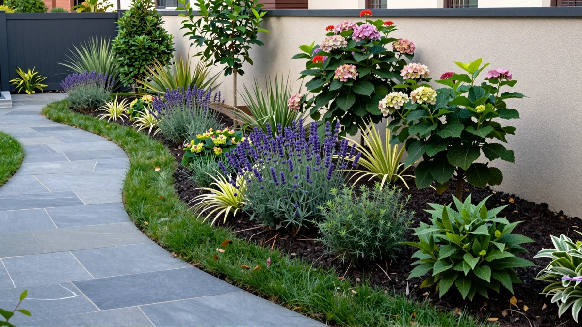 Frisch bepflanztes Gartenbeet neben einer Terrasse mit Lavendel, Hortensien, Straeuchern und Ziergraesern