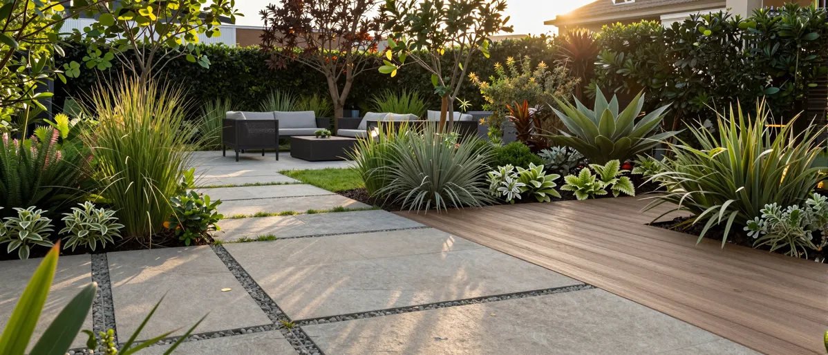 Ein neu angelegter Garten mit Natursteinpfaden, üppigen Pflanzen und einer modernen Holzterrasse in warmem Abendlicht