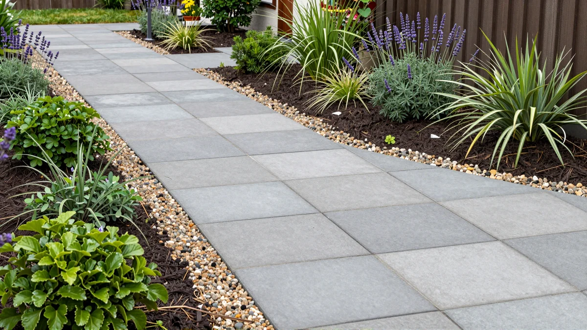 Frisch bepflanztes Gartenbeet neben einer Terrasse mit Lavendel, Hortensien, Straeuchern und Ziergraesern