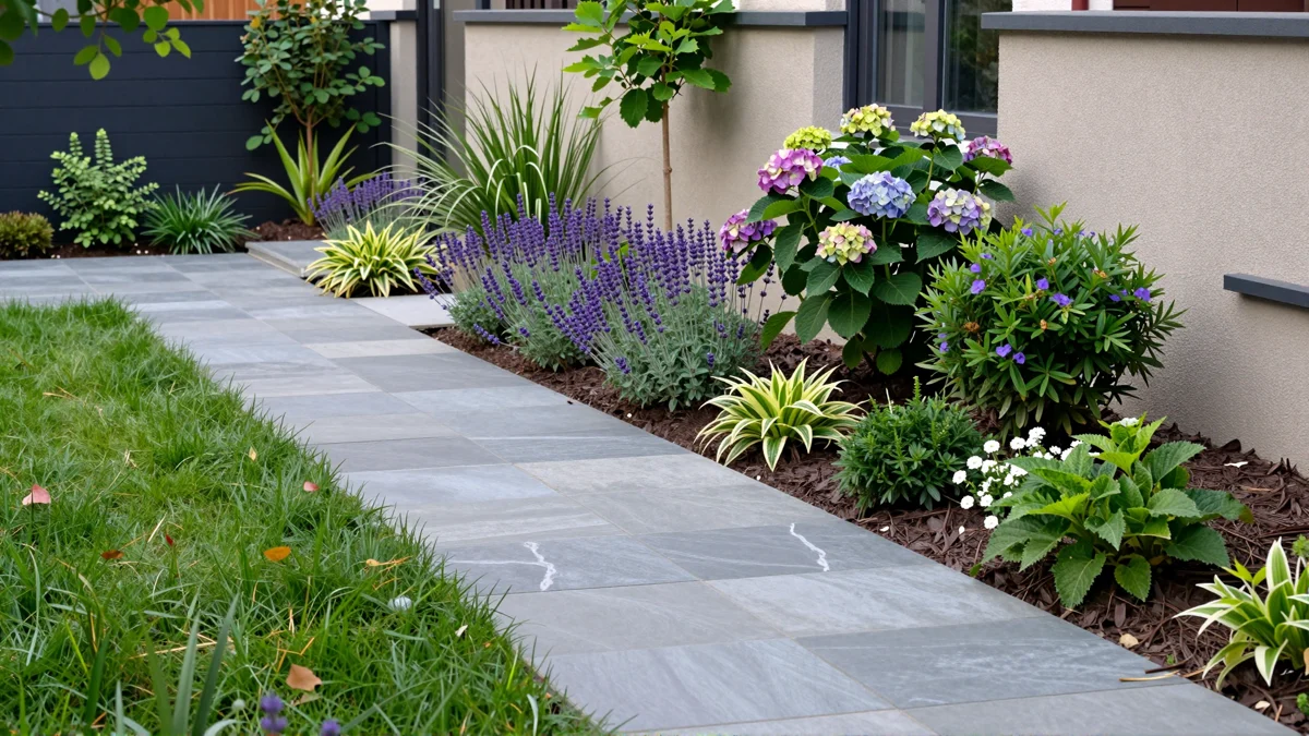 Neu verlegter Gartenweg aus Naturstein mit Kieskante, Lavendel, Straeuchern und Ziergraesern