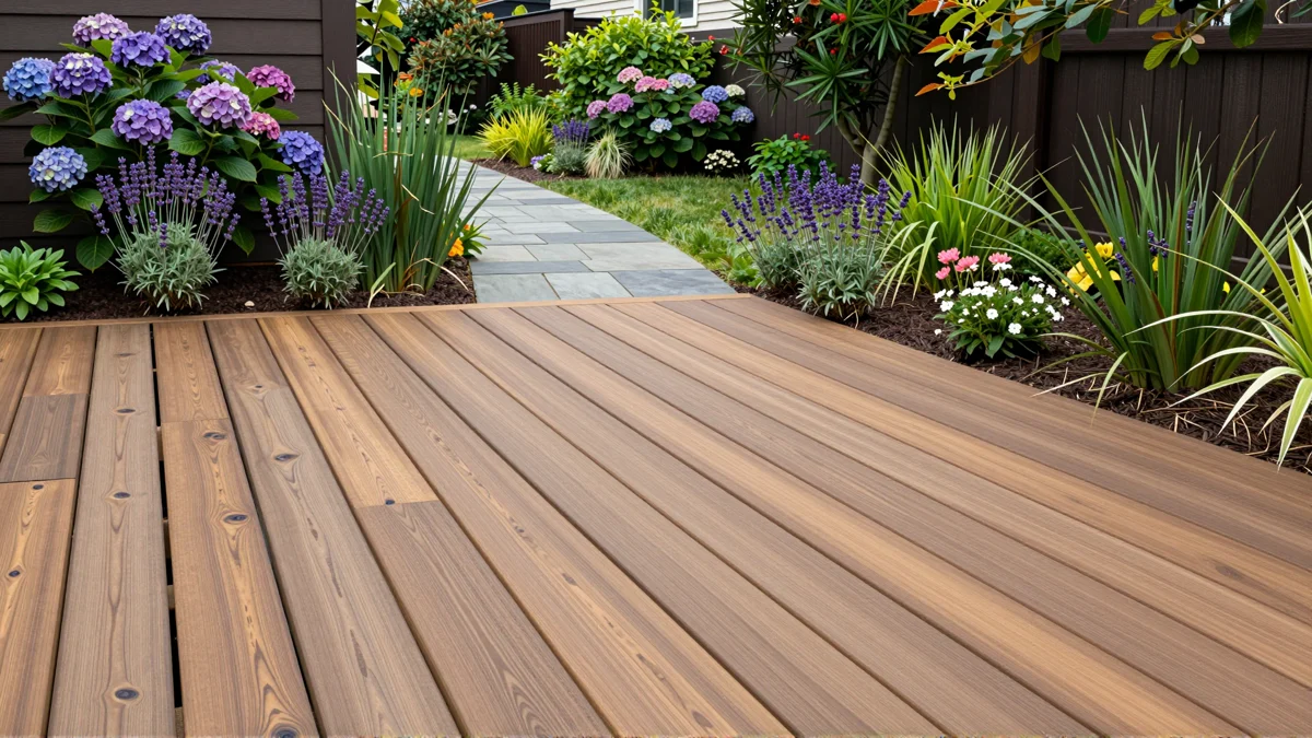 Neu angelegte Holzterrasse mit bepflanzten Rabatten, Ziergraesern und gepflegten Gartenwegen