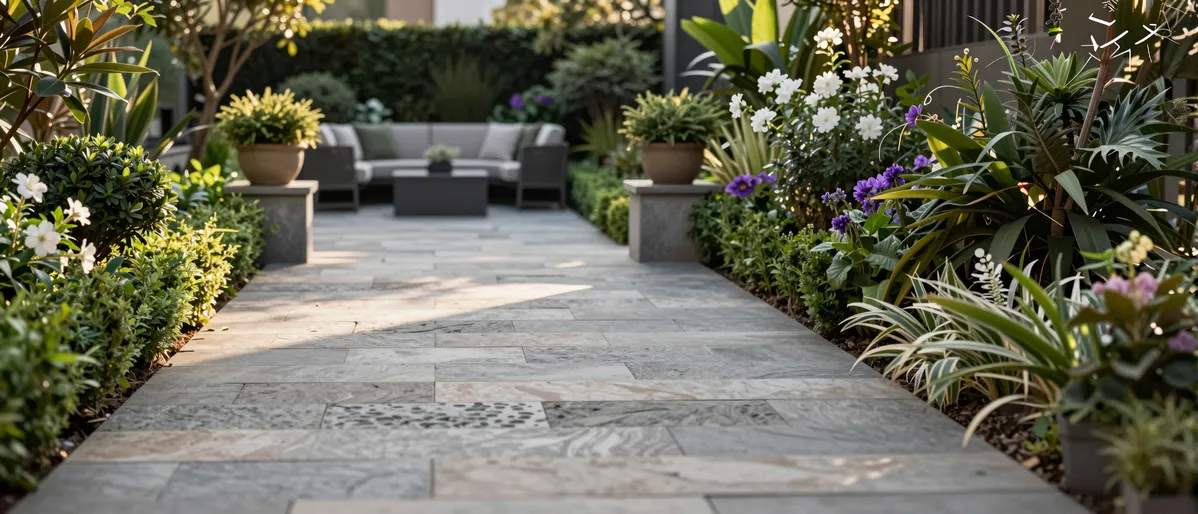 Moderner Garten mit Steinpatio, üppigen Pflanzen und blühenden Sträuchern in harmonischer Anordnung