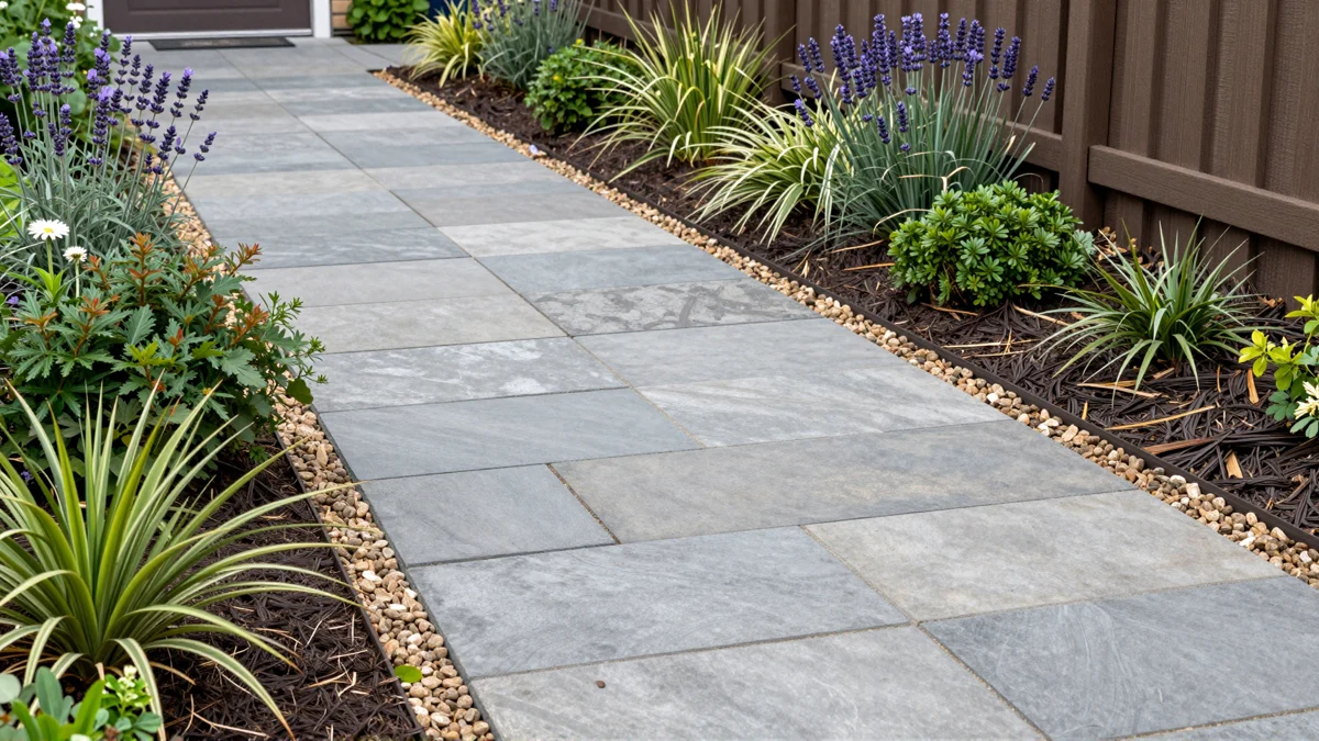 Frisch bepflanztes Gartenbeet neben einer Terrasse mit Lavendel, Hortensien, Straeuchern und Ziergraesern