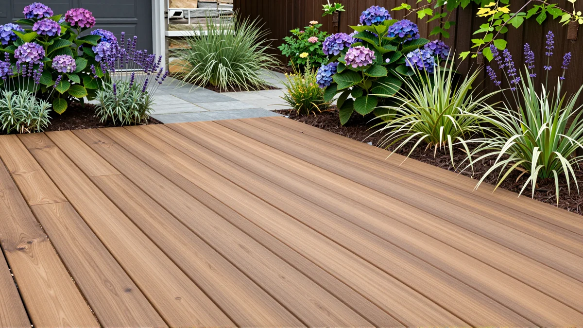 Neu angelegte Holzterrasse mit bepflanzten Rabatten, Ziergraesern und gepflegten Gartenwegen