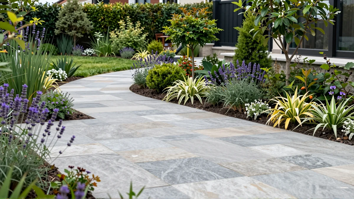 Frisch bepflanztes Gartenbeet neben einer Terrasse mit Lavendel, Hortensien, Straeuchern und Ziergraesern