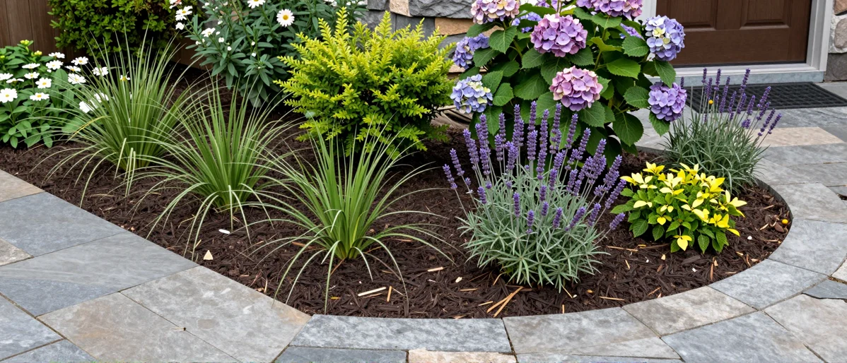 Frisch bepflanztes Gartenbeet neben einer Terrasse mit Lavendel, Hortensien, Straeuchern und Ziergraesern