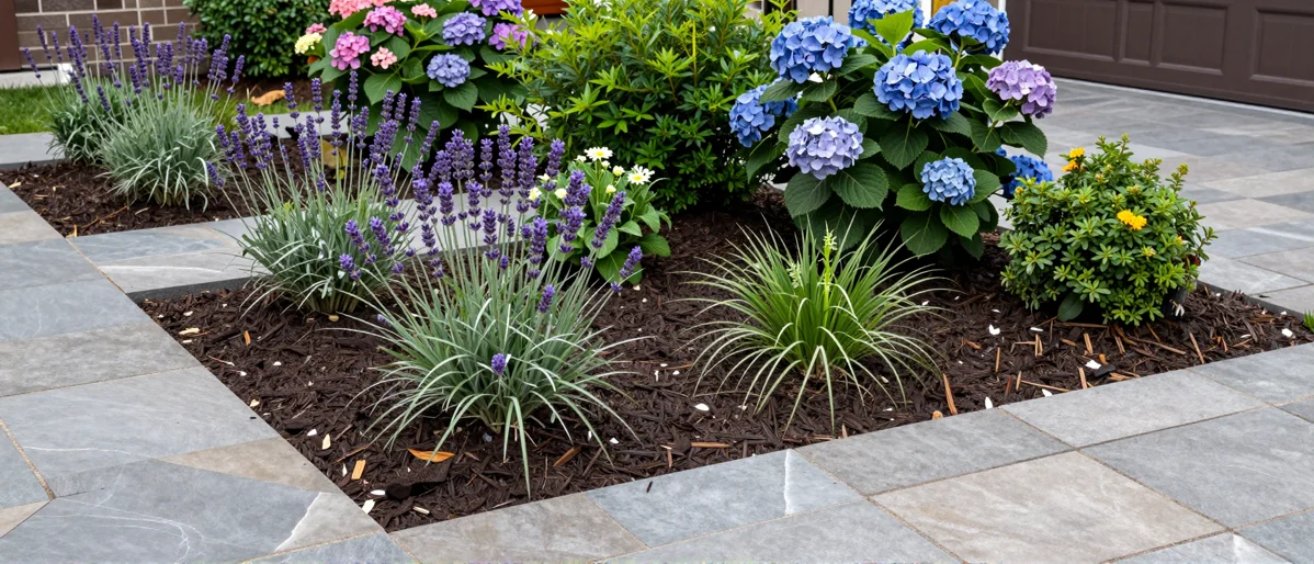 Frisch bepflanztes Gartenbeet neben einer Terrasse mit Lavendel, Hortensien, Straeuchern und Ziergraesern