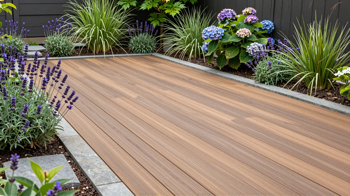 Neu angelegte Holzterrasse mit bepflanzten Rabatten, Ziergraesern und gepflegten Gartenwegen