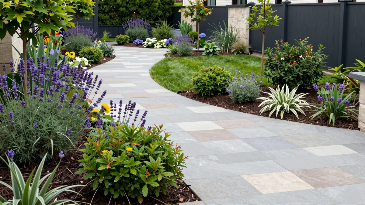 Frisch bepflanztes Gartenbeet neben einer Terrasse mit Lavendel, Hortensien, Straeuchern und Ziergraesern