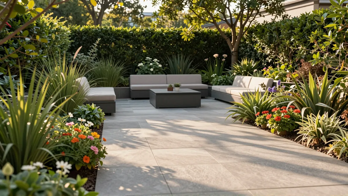 Moderner Steinterrasse mit minimalistischen Möbeln in einem gepflegten Garten mit üppigem Grün