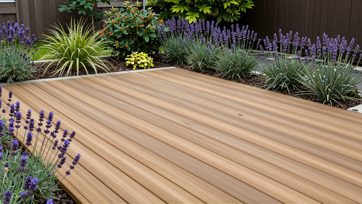 Neu angelegte Holzterrasse mit bepflanzten Rabatten, Ziergraesern und gepflegten Gartenwegen