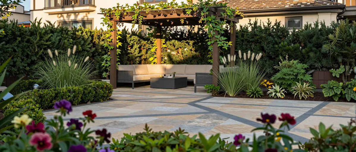 Ein gepflegter Garten mit Naturstein-Patio, moderner Pergola und minimalistischen Möbeln, umgeben von Hecken und Ziergräsern