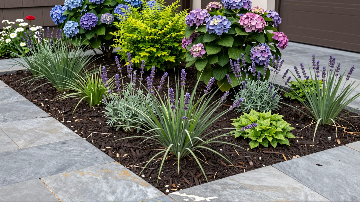 Frisch bepflanztes Gartenbeet neben einer Terrasse mit Lavendel, Hortensien, Straeuchern und Ziergraesern