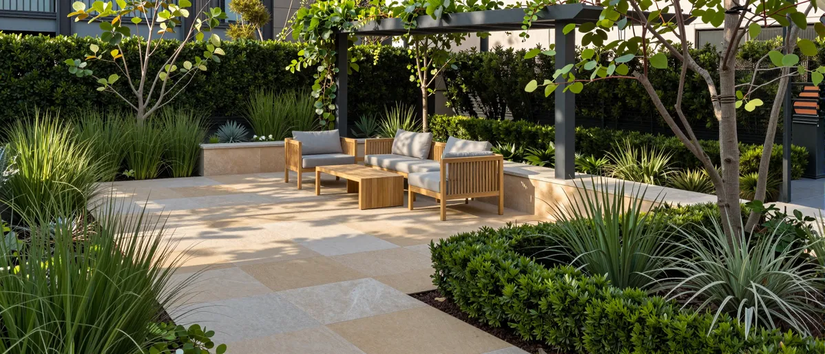 Moderne Gartenterrasse mit Sandsteinplatten, minimalistischen Möbeln und üppigen Gräsern unter einem Pergola