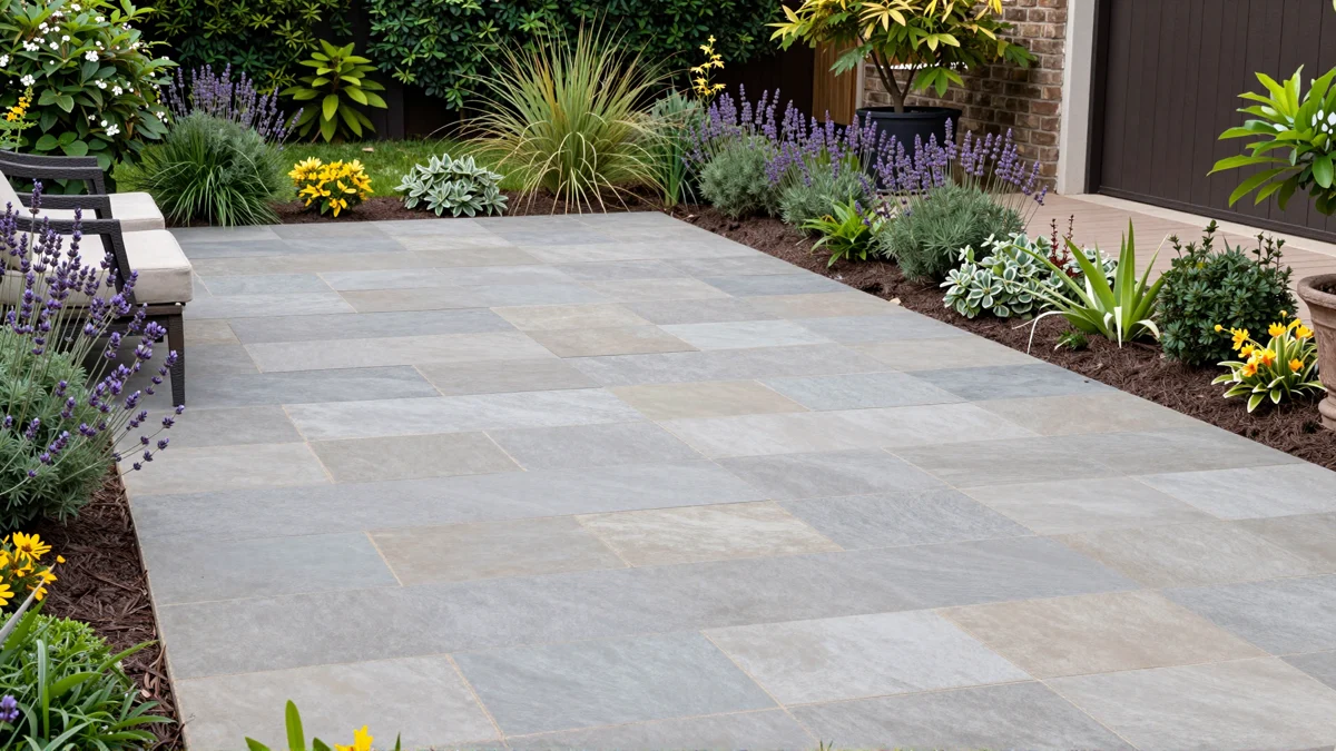 Fertig verlegte Natursteinterrasse mit sauber gefassten Pflanzbeeten, Lavendel und Ziergraesern