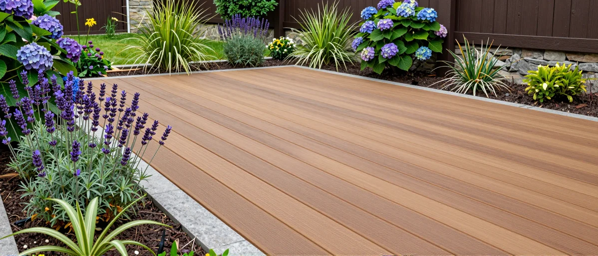 Neu angelegte Holzterrasse mit bepflanzten Rabatten, Ziergraesern und gepflegten Gartenwegen