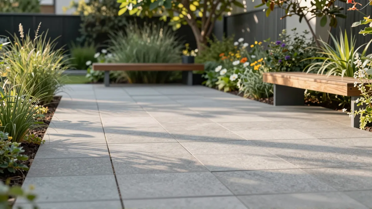 Moderne Gartenterrasse mit geometrischen Steinplatten, umgeben von Ziergräsern und blühenden Sträuchern