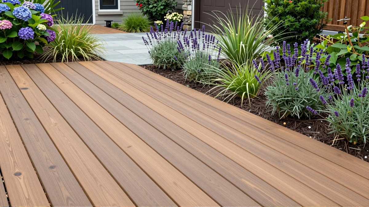 Neu angelegte Holzterrasse mit bepflanzten Rabatten, Ziergraesern und gepflegten Gartenwegen
