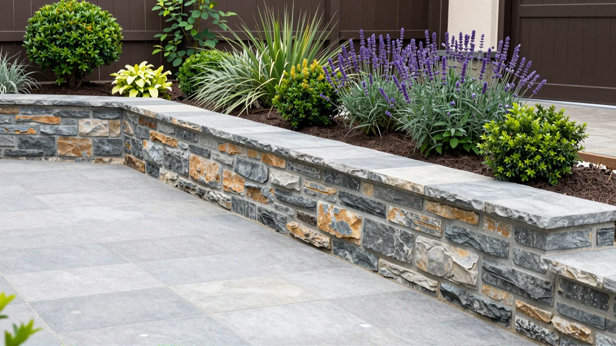 Fertig angelegte Aussenanlage mit Natursteinmauer, Steinterrasse, Pflanzbeeten und gepflastertem Weg