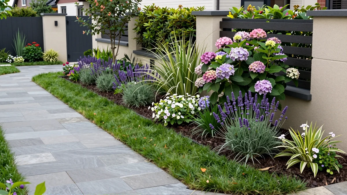Neu verlegter Gartenweg aus Naturstein mit Kieskante, Lavendel, Straeuchern und Ziergraesern