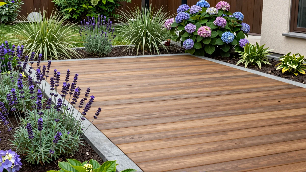 Neu angelegte Holzterrasse mit bepflanzten Rabatten, Ziergraesern und gepflegten Gartenwegen